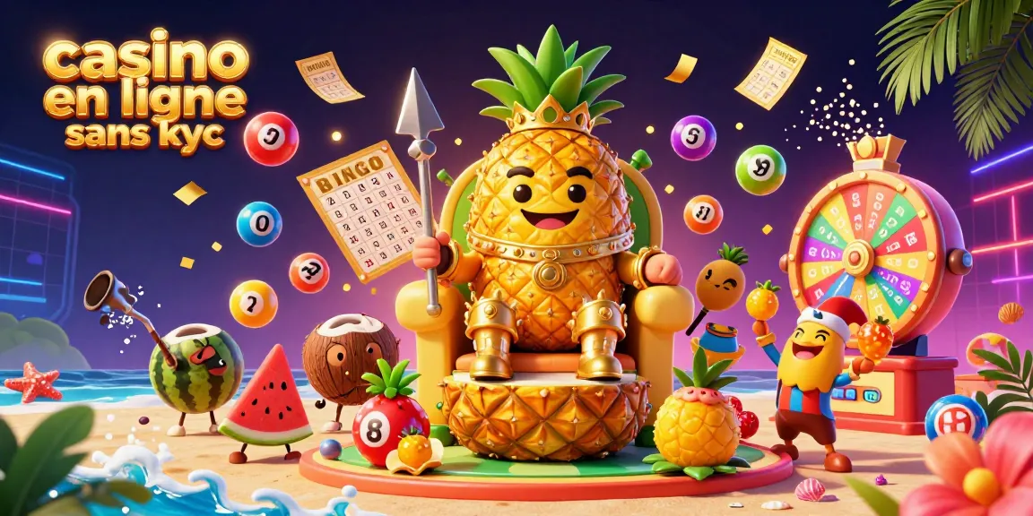 Jouez à un casino en ligne sans KYC avec un roi ananas sur un trône de fruits entouré de personnages fantastiques.