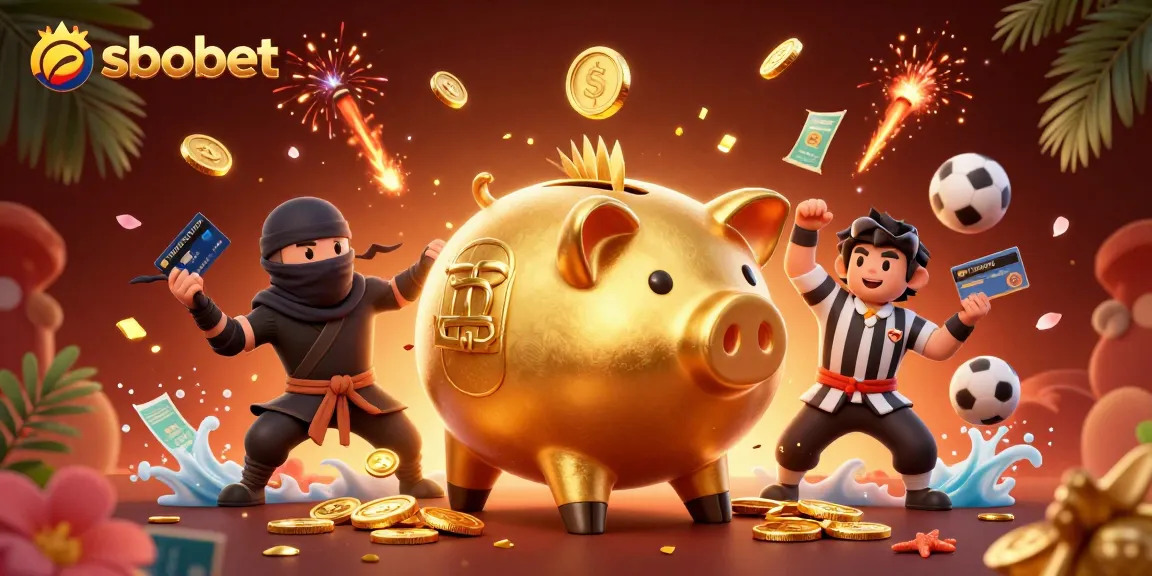Experience the excitement of sbobet sports betting with lively illustrations of a golden piggy bank sumo wrestler and friends!