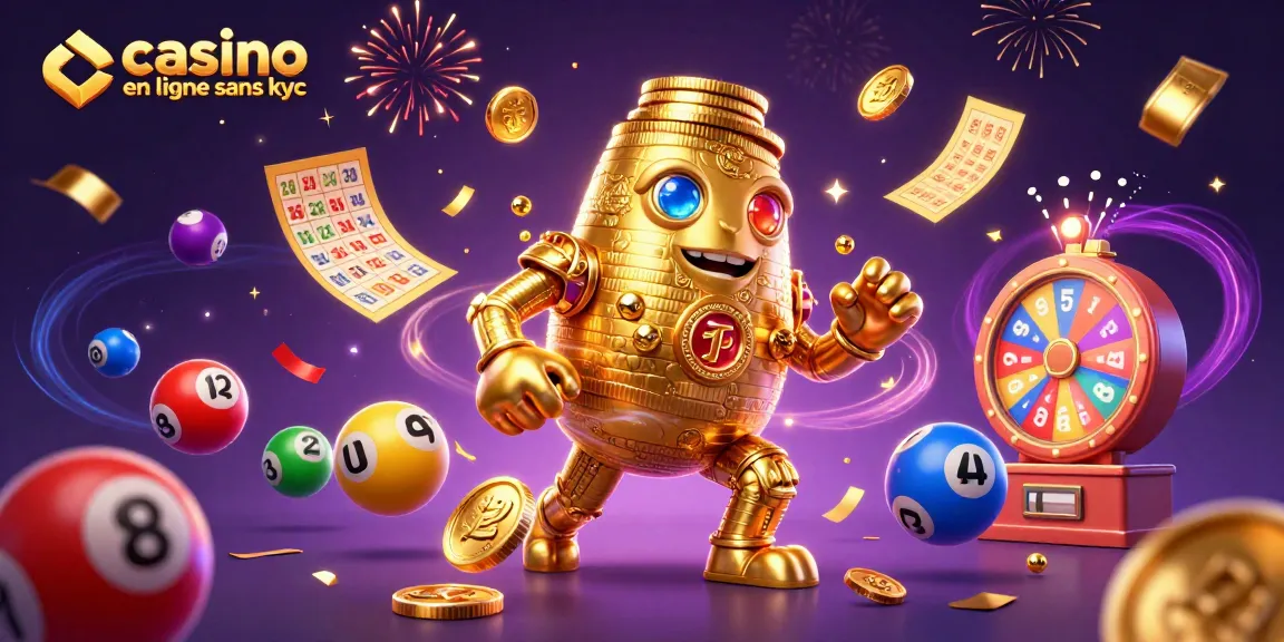 Participer à un jeu passionnant de casino en ligne sans KYC avec un golem doré et des ballons de loterie.