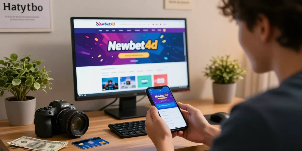 Celebrating user successfully interacting with newbet4d for deposits and withdrawals in a modern home setting.