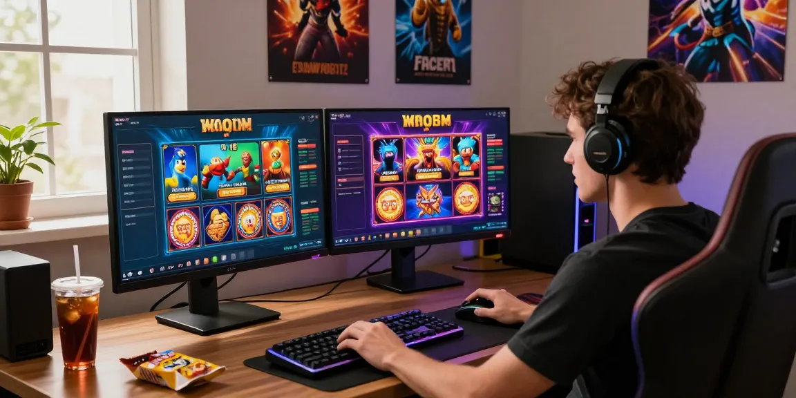 Engaged gamer exploring raja 328 online slots on dual monitors in a vibrant gaming setup.