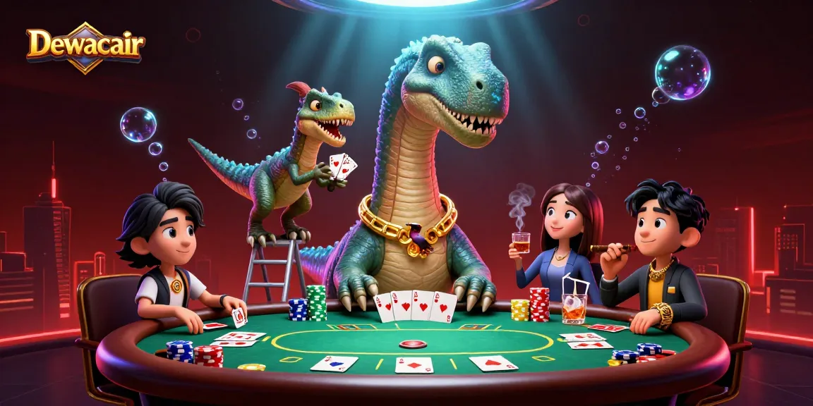 Dewacair showcases an animated brontosaurus in a vibrant casino scene playing poker.