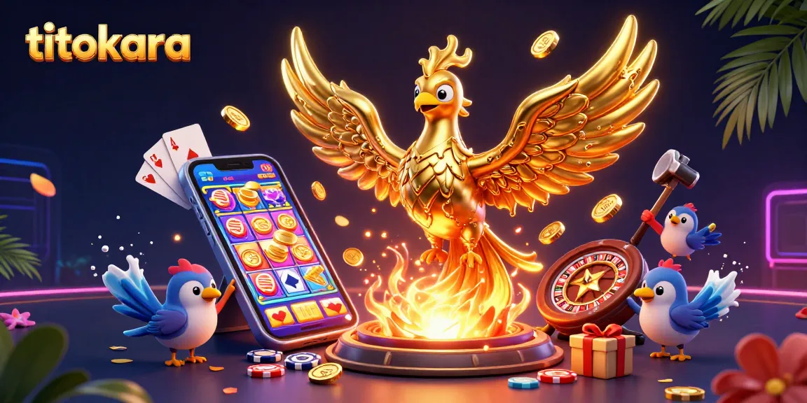 Experience titokara's thrilling online casino with a dynamic illustration of a molten phoenix and vibrant gaming elements.