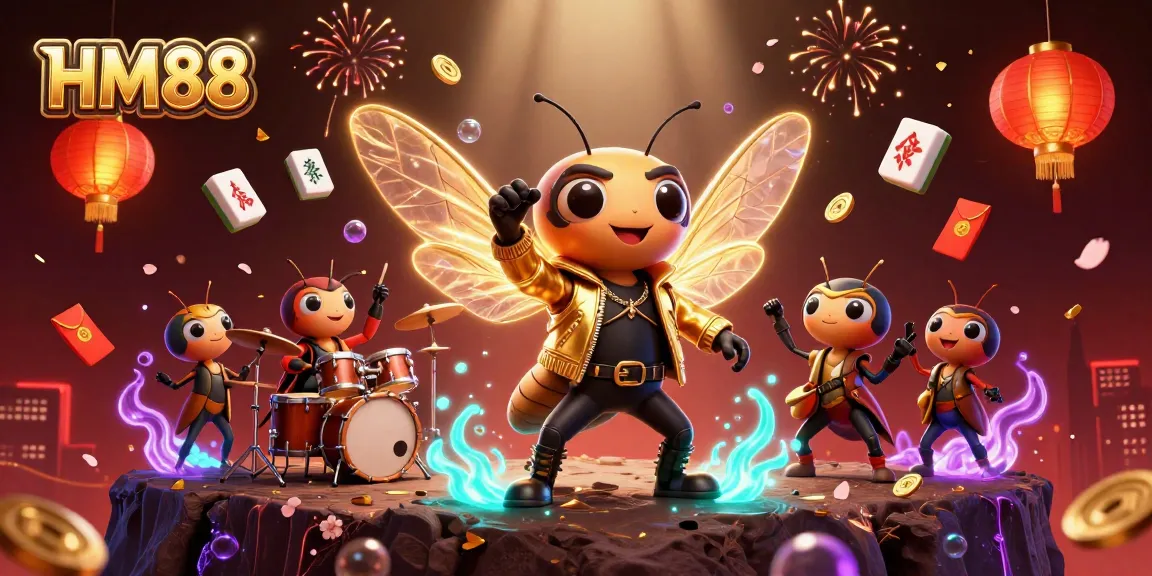 Engage in exciting HM88 casino action with a vibrant rock-themed illustration featuring dynamic game elements.