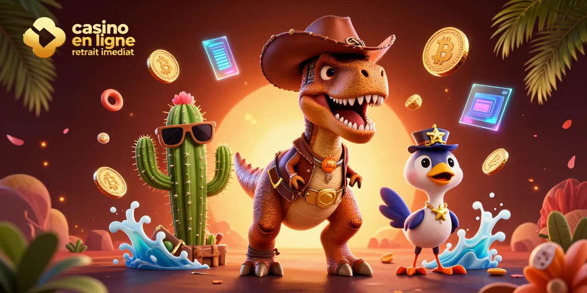Casino en ligne retrait immédiat avec un T-Rex et des éléments de jeu Bitcoin dans une scène dynamique.