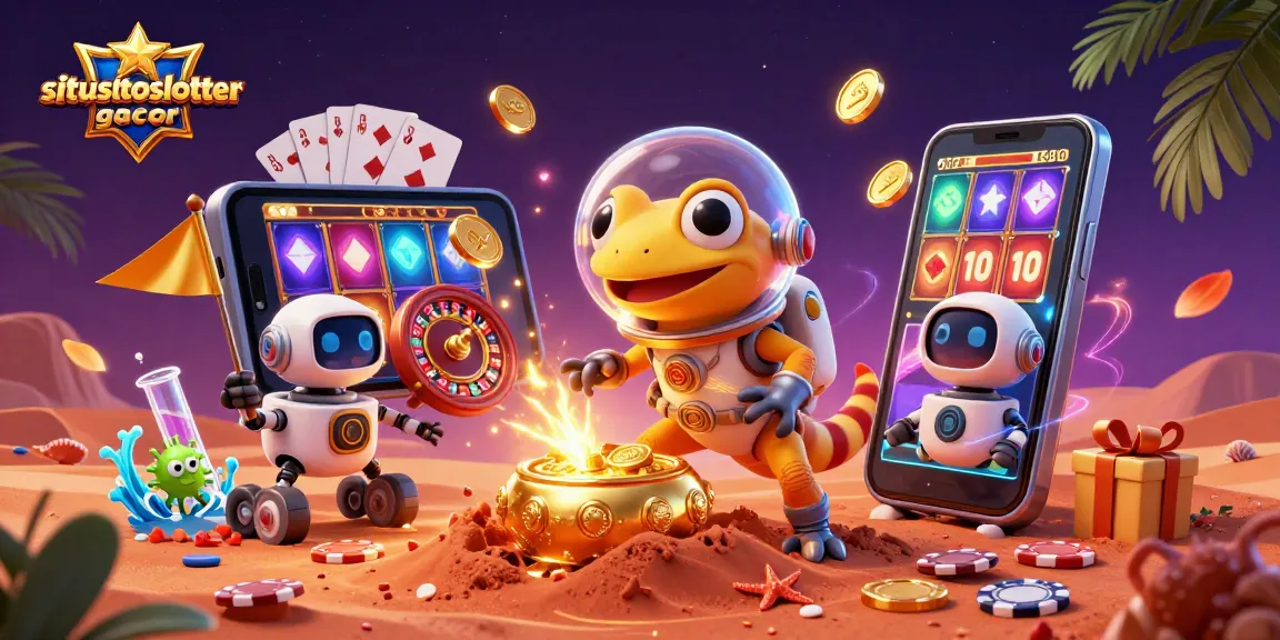 Engage with exciting slots at situstotoslottergacor, as Martian gecko discovers a golden casino with vibrant game elements.