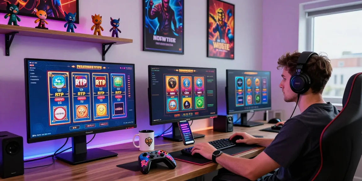 Playbook88 gaming setup with vibrant slot games and high RTP stats, immersive gaming environment.