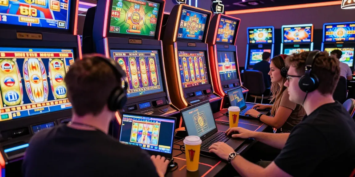 Engaging players enjoying oppa86 situs premium slot games on mobile and laptops in vibrant casino atmosphere.