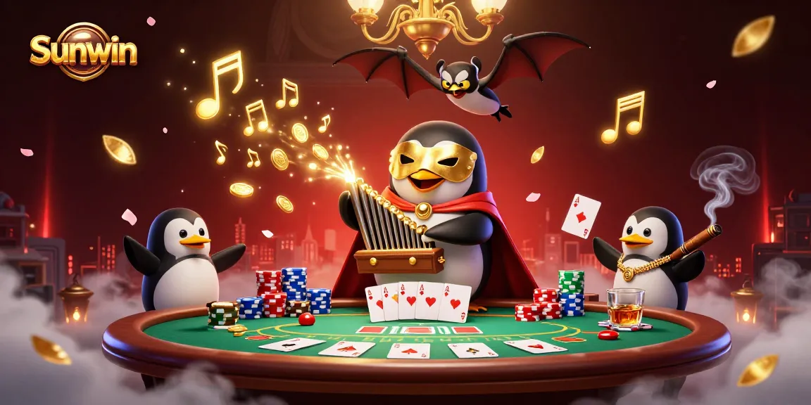 Sunwin's enchanting casino scene with a penguin playing an organ amidst poker action.