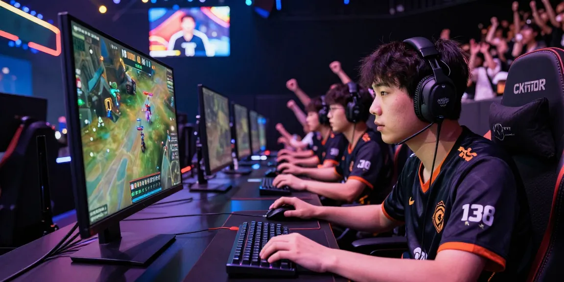 Gamer in hero 138 jersey competing in esports tournament with vibrant lighting.