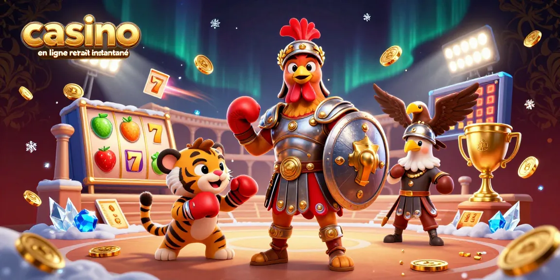 Jouez à casino en ligne retrait instantané avec un coq gladiateur et un tigre dans une arène.