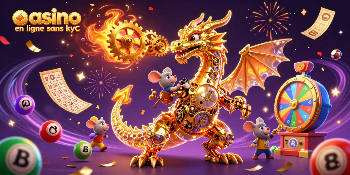 Illustration dynamique de casino en ligne sans kyc avec des boules de loterie et un dragon mécanique.