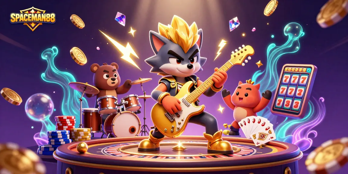 SPACEMAN88 offers thrilling casino action with a vibrant scene of a rock star wolf and drummer bear performing amidst flying coins and gaming elements.
