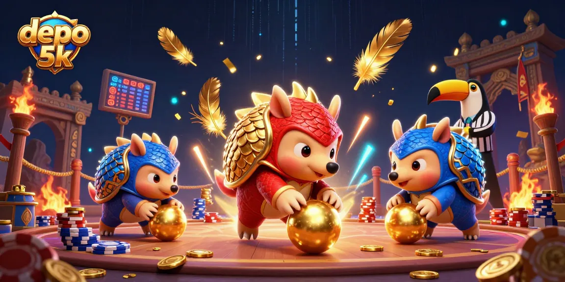 Experience exciting gameplay in depo 5k with rival pangolins bowling through poker chips amidst vibrant casino elements.