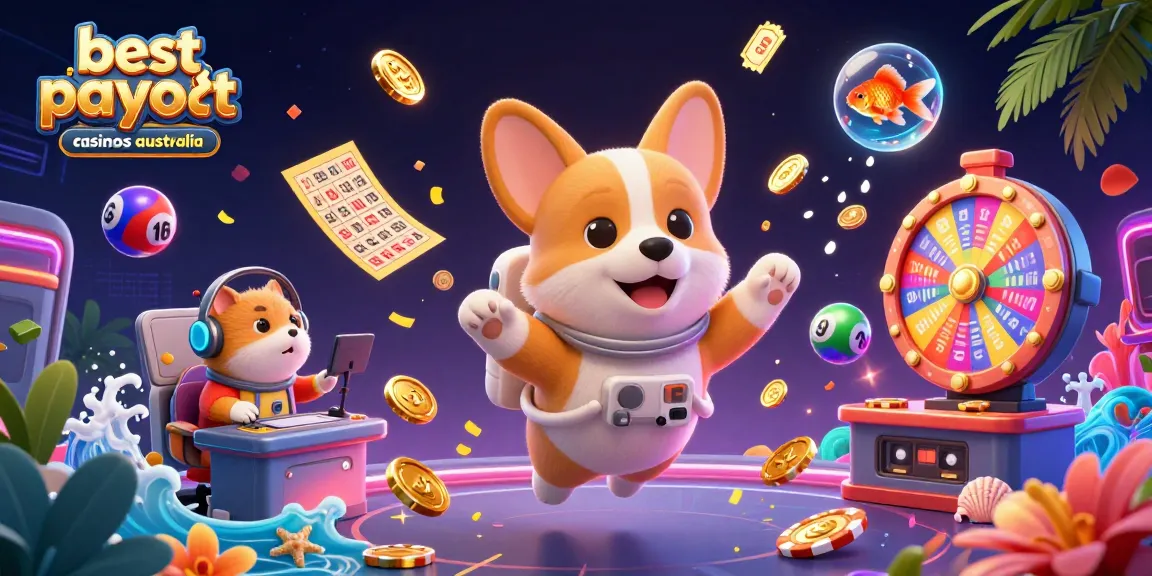 Experience the excitement at the best payout casinos Australia with our playful astronaut corgi in a space casino.