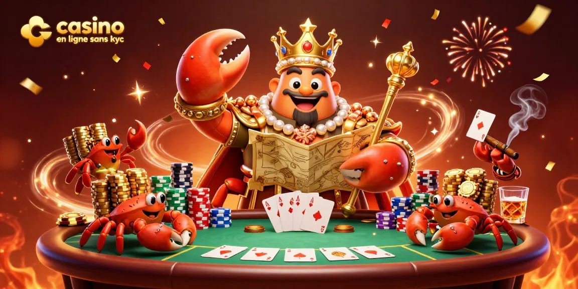 Illustration dynamique d'un crabe empereur doré avec un sceptre et une carte au trésor, accompagnée de personnages de casino, représentant le casino en ligne sans KYC.